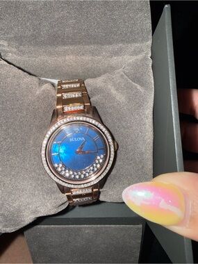 Bulova Rose Gold-Tone Watch with Blue Dial and Crystal Accents